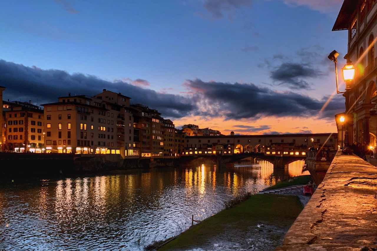 ponte vecchio view at sunset in winter