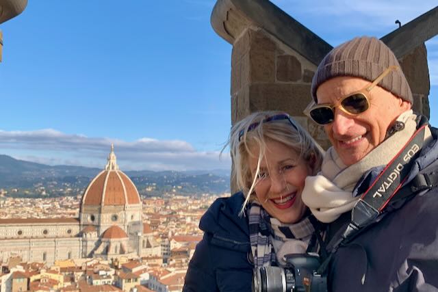Elyssa and Alessandro on top of the Torre di Arnolfo in winter